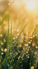 Dewdrops glisten on a spiderweb during a summer morning in a vibrant green meadow