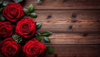 vintage red roses on weathered wood rustic floral background for design projects