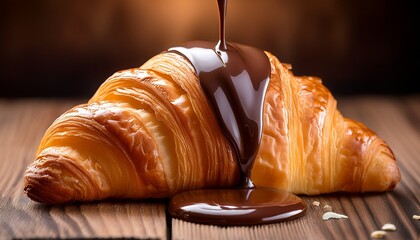 warm chocolate drizzling over a flaky croissant on a wooden surface