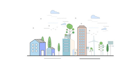 Obraz premium ecology illustration of green urban town with solar wind energy