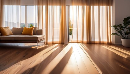 warm sunlight shining through sheer curtains onto a minimalist sofa and clean wooden floors in a modern living room