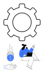Large gear with woman using laptop, hand catching falling coins, conceptualizing efficiency, technology, teamwork, financial growth, innovation, planning, and a simple landing page