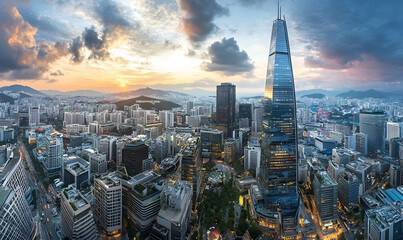 Obraz premium Stunning Sunset Panorama of Seoul's Modern Skyline