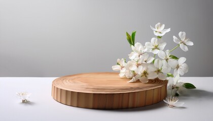 Fototapeta premium wooden podium with spring flowers for product presentation on light background mockup with space for text