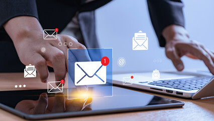 Email marketing workflow concept. professionals using mobile devices, and laptops with glowing...