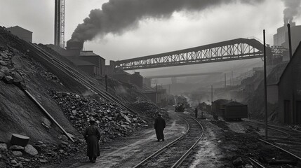 Industrial workers walking along railway tracks near a coal mine, smoke billowing from factory. Historical photo for industry or historical contexts