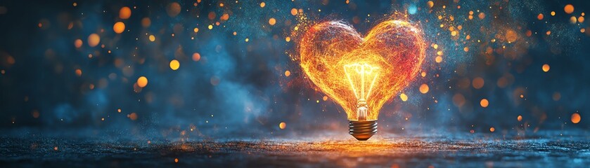 Glowing heart-shaped lightbulb, sparks, magic.
