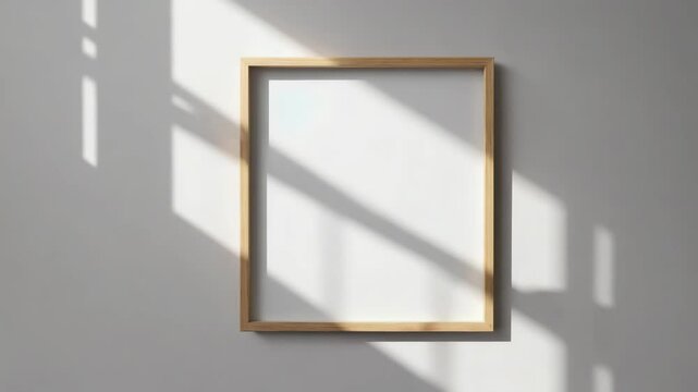Empty wooden picture frame hanging on neutral wall with natural light and shadow adding minimalist ambiance to a blank white canvas.