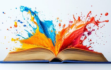 Vibrant paint explodes from an open book, symbolizing creativity and knowledge.