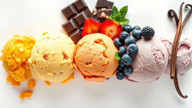 Plusieurs boules de glace avec des fruits frais. Vue de dessus en plong&eacute;e