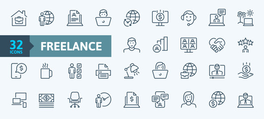 Home office, freelance thin line icons set. Linear icons collection. Outline icon set.