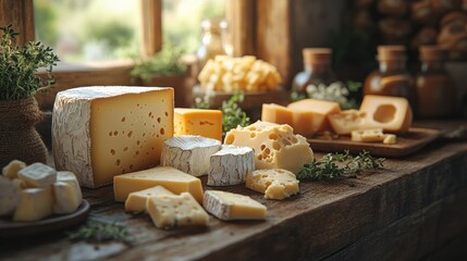 Assorted cheeses displayed on a rustic wooden surface near a window.