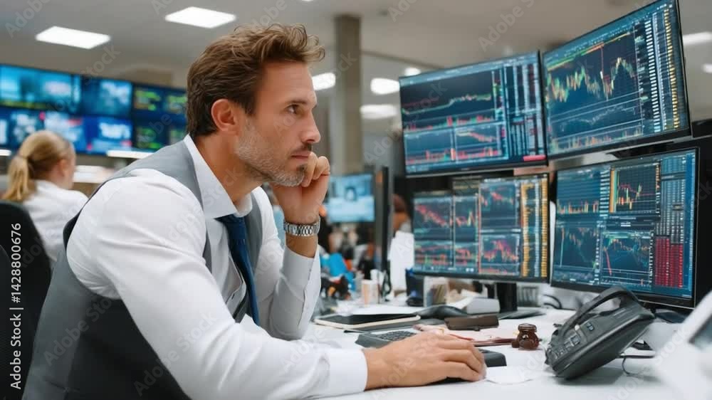 Poster financial analyst: a stock broker analyzes data on multiple computer monitors while monitoring the s
