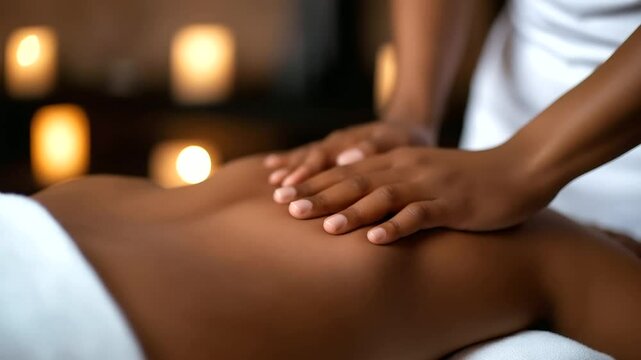 The gentle hands of a masseuse work on a Black woman&rsquo;s back as she relaxes on a massage table, surrounded by candles and warm, earthy tones in a spa.