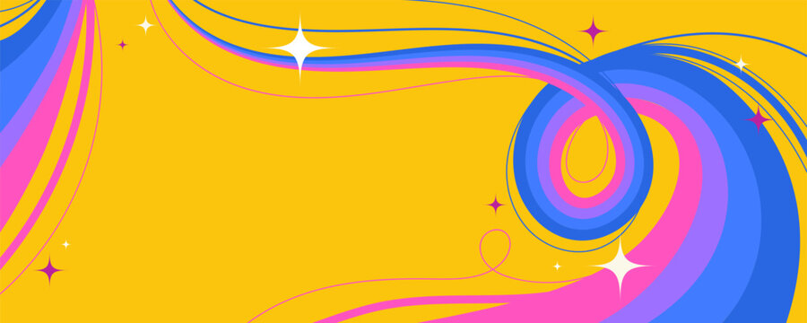Retro Abstract Design with Squiggle Wavy Lines and Sparkling Stars on Yellow Background. Cosmic swirls with vibrant movement. Perfect for futuristic prints, party and space themes