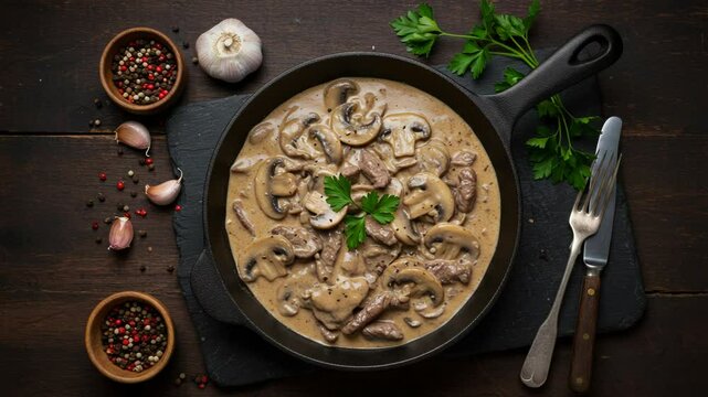 Mushroom stroganoff in a skillet with garlic and spices on wood table