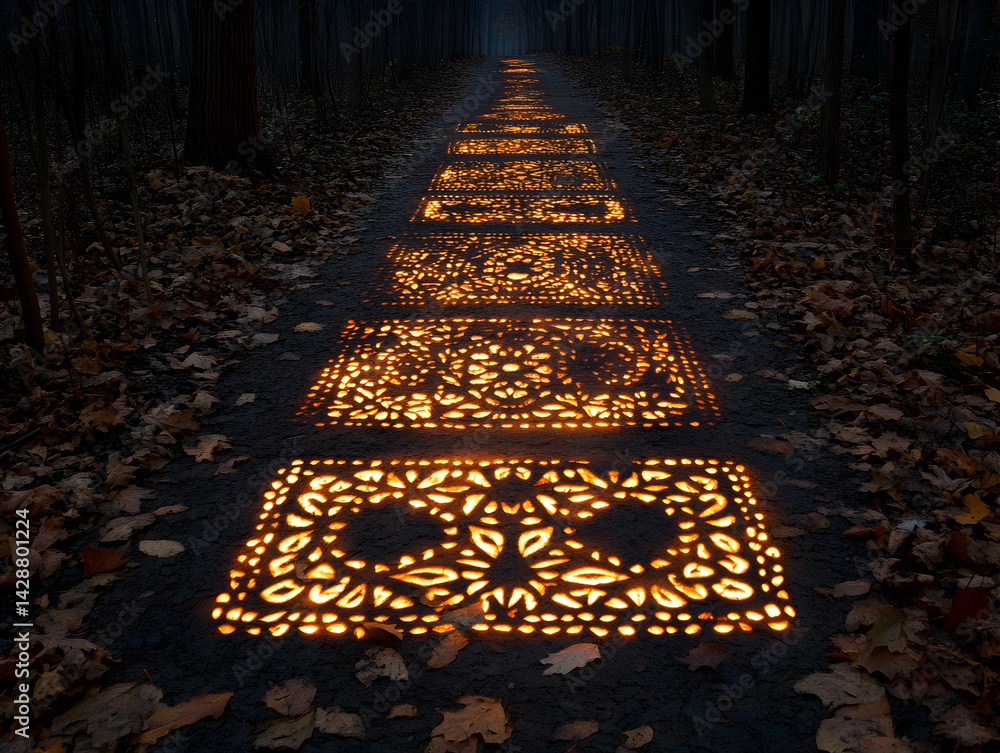 Poster a forest path illuminated with patterned glowing light stretching into a dark misty distance