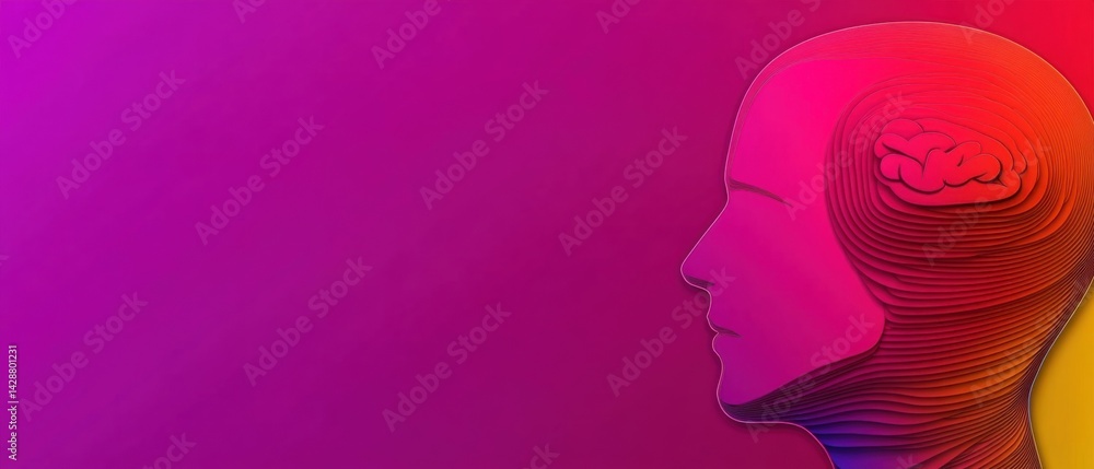 Aufkleber abstract layered head profile with visible brain on vibrant gradient background concept of mental he