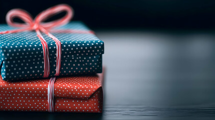 Obraz premium Stacked Gift Boxes With Red And Blue Wrapping Paper On Dark Wooden Table