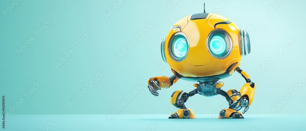 Poster cute yellow robot with glowing blue eyes in a studio setting concept of artificial intelligence, rob