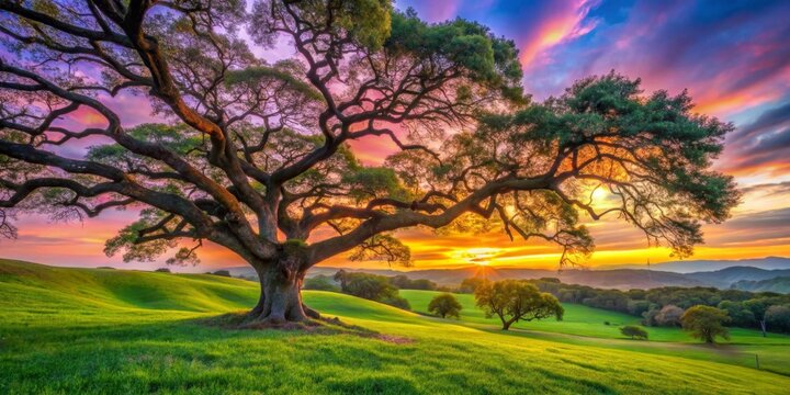 Majestic ancient tree silhouetted against a vibrant sunset, overlooking rolling hills of lush green grass