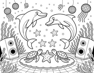 Fototapeta premium A whimsical, black and white coloring page depicting dolphins leaping above a circular underwater stage, complete with sea turtles, starfish, coral, and disco balls