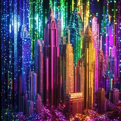 A vibrant, glittering cityscape of dazzling skyscrapers.