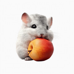 Adorable Hamster Holding a Juicy Peach Against a Geometric Background