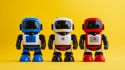 Fototapeta premium cute robot toys, in a red, white, blue, and black color palette, isolated on a yellow background.