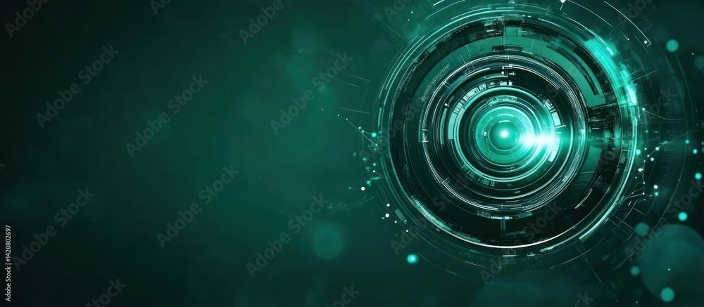 Poster an abstract technology backdrop featuring a glowing circular structure radiating energy and connecti