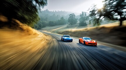 Two Sports Cars Racing Neck-To-Neck on a Winding Road Under Sunlight During an Early Morning Event