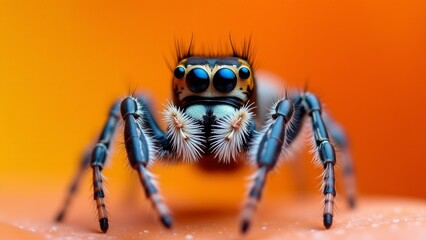 Close-up Jumping Spider Portrait on Orange