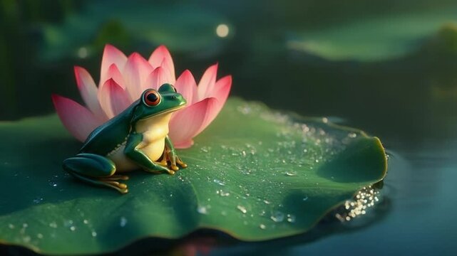 frog on a lotus leaf in the pond