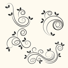 Elegant Black Floral Swirls and Leaves Design Elements Set for Decoration