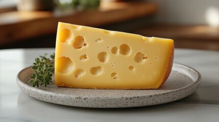 Cheese wedge with holes on a plate with thyme sprig.
