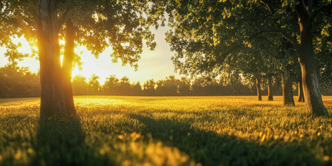 Golden hour illuminates summer forest edge with vibrant light and soft shadows, showcasing nature's serene beauty and warmth
