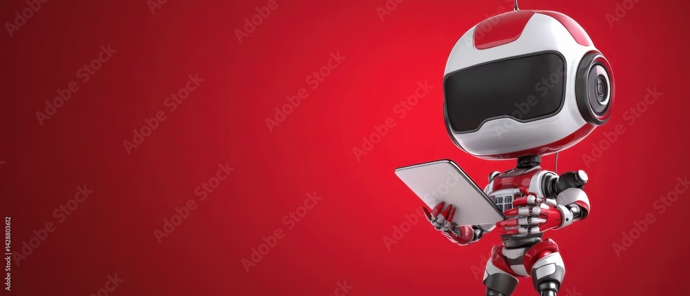 Poster cute red and white robot holding a tablet against a vibrant red background concept of artificial int