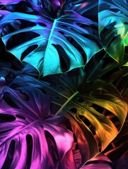 Obraz premium Holographic summer monstera leaves plant with glowing blue and pink neon veins on dark background