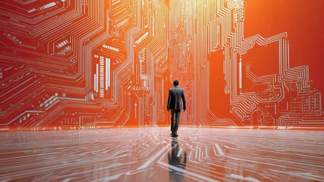 The Digital Frontier: A lone businessman in a suit walks confidently towards an expansive, glowing red circuit board landscape.
