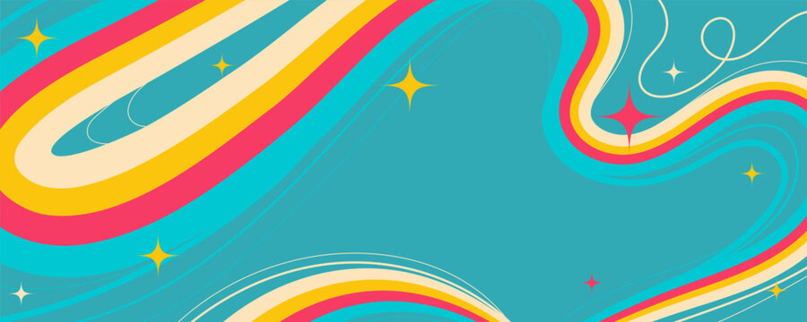 Retro Abstract Design with Wavy Lines and Sparkling Stars on Blue Background. Retro cosmic swirls with vibrant movement. Perfect for futuristic prints, party and space themes.