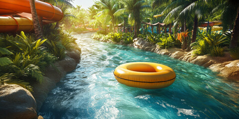 Enjoying a relaxing float on a lazy river surrounded by lush tropical scenery and vibrant water slides