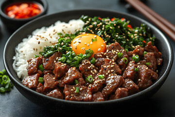 Beef Bulgogi styled on dark grey background with clean plating and props
