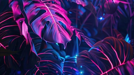 Obraz premium Neon summer glowing tropical leaves with monstera and palm in vibrant blue and pink colors on dark background