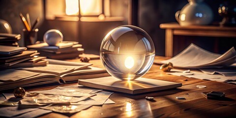 A glowing crystal ball sitting on a cluttered desk with papers and broken pens scattered around it