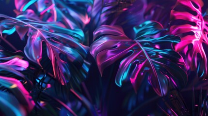 Neon summer glowing tropical leaves with monstera and palm in vibrant blue and pink colors on dark background