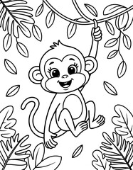 A cheerful cartoon monkey, hanging from a vine, surrounded by lush jungle foliage