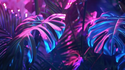 Neon summer glowing tropical leaves with monstera and palm in vibrant blue and pink colors on dark background