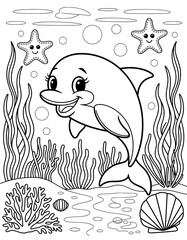 Fototapeta premium This black and white coloring page features a friendly cartoon dolphin swimming amidst vibrant underwater plants, a starfish, and seashells