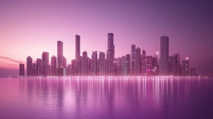 Obraz premium Urban skyline at twilight, bathed in a vibrant magenta hue.