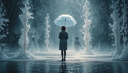 Solitary Figure Under Umbrella in a Rainy, Surreal Fountain Park